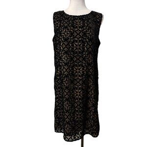 DKNY Dress 12 Black Tan Sleeveless Velvet Burnout Stretch Career Church NEW